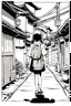 Placeholder: young girl walk thought Japanese alleys, line arts, manga style