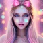 Placeholder: beautiful, soft, smiling face, whole head, long straight blonde hair blues eyes, crown on the head, clothing in transparent bluish and pink veil, background brillante bluish and pink, hight definition, 8K