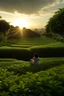 Placeholder: A serene, peaceful scene of a person sitting in a lush, green tea garden, surrounded by rows of tea plants and a tranquil pond, with the sun setting in the distance.