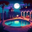 Placeholder: night sunset terrace of a villa with a pool in a vampire world cartoon