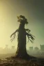 Placeholder: Cyberpunk theme, Oak tree roots holding man inside, misty sunny day, close-up portrait,