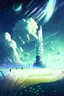 Placeholder: Grassy plains filled with bizarre white fantasy skyscrapers with a cosmic night sky background painterly rpg art