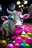 Placeholder: portrait of glitter haired cow on a yoga space ship made of ice cream, smiling with beautiful shiny, each inside a pile of transparent jelly bubbles of weird colors with insect aliens inside, disco egg made of small mirror, light rayz, feast table ,shot on Hasselblad h6d-400c, zeiss prime lens, bokeh like f/0.8, tilt-shift lens 8k, high detail, smooth render, down-light, unreal engine, prize winning