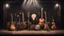 Placeholder: Hyper Realistic musical instruments orchestra on a dark vintage designed stage with dark grungy rustic background & vintage lights