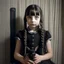 Placeholder: wednesday addams as a child, braids, a frange, with a black rabbit, worn polaroid, 1970s, empty room, no emotion on her cold face