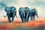 Placeholder: four elephants walking across a grass covered field, beautiful cinematics, running in savannah, africa, fantastic anatomy, watercolor, tint leak, hazy, colors of blue, indigo, teal and orange