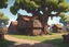 Placeholder: a single village house with two levels and a small warehouse in the back, under a big oak tree in the style of an old point and click adventure game