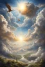 Placeholder: The creation of the world by God. In front of us is a valley with a beautiful landscape, where beautiful animals roam, beautiful birds fly in the sky, beautiful clouds and God in the clouds