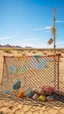 Placeholder: A net filled with children toys hanging in the desert abandoned play ground by old McDonald