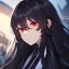 Placeholder: Clear focus,High resolution, black long fluffy hair, long fluffy bangs, red eyes, wearing a lab outfit, extreme close up, evil smile