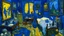 Placeholder: A dark blue chaotic realm with pixies painted by Vincent van Gogh