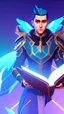 Placeholder: a human male with blue short hair and blue wings in assymetrical armor with geometric patterns and a book in hand, geometric wings