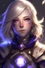 Placeholder: Young female aasimar light gold hair dark purple eyes adventurer clothing glows with holy light purple eyes amethyst eye color tattooes