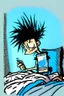 Placeholder: 2d drawing of a stickman, laying in bed, cool with punk hair, just woke up, sitting up in bed, with cellphone in hand, excited, smiling ,3d realistic in colour