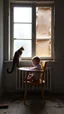 Placeholder: A baby sitting on baby’s eating chair in front of a big window in an abandoned damaged room , a cat out side the widow looking at him