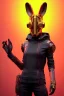 Placeholder: MCU Portrait, Front image. cyberpunk Asian woman, pink short hair. Ceramic rabbit mask. latex suit. Red, black, gold, color. Punk style, minimal details. highly detailed, concept art, smooth, unreal engine 5, god rays, ray tracing, RTX, lumen lighting, ultra detail, volumetric lighting, 3d, finely drawn, high definition, high resolution.