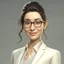 Placeholder: a portrait of smiling woman wearing ivory blazer with white shirt inside. long black hair, messy hair. light skin. black eye pupils. big nose. pear face shape. wearing small white rectangle glasses. thick eyebrow. pixar style. 3D. 4k. portrait. highly detailed. sharp focus. high resolution. full color. cinema lighting