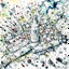 Placeholder: Design an asymmetrical balnced watercolour composition of clusters of watercolor drug paraphernalia, such as rolled dollar bills and razor blades, arranged amidst chaotic brushstrokes and splatters, symbolizing the destructive and dangerous world of illicit drug use.