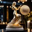 Placeholder: A magnificent golden and silver heart-shaped sign adorned with a stunning golden sphere encrusted with sparkling diamond clusters at its center, elegantly spinning in position,a girl statue standing pose