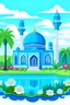 Placeholder: tolong buatkan gambar masjid berwarna biru di sampingnya ada sungai dan pohon kelapa, ada taman bunga di depannya