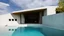 Placeholder: This image showcases a modern architectural style house with a minimalist design. The layout features clean, angular lines and a flat roof. The exterior walls are made of light-colored concrete, and there are three small square windows on the left side. The house has a large open space that leads to a pool with clear blue water in the foreground, where a few people are swimming and enjoying themselves. The pool area is surrounded by a concrete wall on the right. The sky is partly cloudy, adding