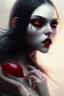 Placeholder: Vampire girl, cute, beautiful, white eyes, red lips, black hair, vampire tooth with bangs, goth, close up portrait by Greg Rutkowski