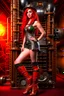 Placeholder: Photorealistic full-height photo of a fantasy skinny pin-up girl in steampunk shorts and boots with long, red hair