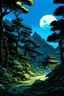 Placeholder: Night time Japanese landscape comic book style tales from the crypt hayao miyazaki