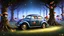 Placeholder: Create an image of a vintage Volkswagen Beetle parked in the heart of an enchanted forest, surrounded by towering trees with glowing mushrooms and vines wrapped around their trunks. The car is painted in a metallic blue hue with intricate, hand-painted floral patterns in shades of gold and copper. In the background, incorporate a subtle gradient of pale blue and purple hues to evoke a sense of mystique and wonder. The air should be filled with sparkling fireflies, adding to the whimsical atmosph