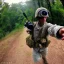 Placeholder: american soldier in vietnam taking a selfie with a gopro while running from combat