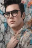 Placeholder: Elvis Presley, Lucy Hale Hybrid, thick, black framed, dark tinted, cat-eye eyeglasses, 4k UHD, photorealistic, bright, extremely colorful, multicolored, foggy, gradated marble wall background, extremely detailed skin texture,