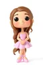 Placeholder: Funko figure of a very young female, smiling, long wavy soft brown hair, wearing a ballerina dress, pink dress, ballet, very cute, ballet pose,. typography, 3D render. White background
