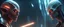 Placeholder: Close-up confrontation between an ancient alien outcast leader and a space broker, standing only a meter apart, intense eye contact, glowing crystalline rod between them, anger mixed with sadness, dramatic facial expressions, shallow depth of field, cinematic lighting, stylized 3D anime, airbrush painting, crisp outlines