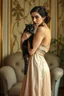 Placeholder: photo, whole body of a beautiful art deco woman with a cat in silk and lace dress in an art deco room