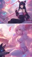 Placeholder: A close hot picture of Ahri with black hair and Clothes and nine Sia with neon glowing in fantasy world