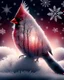 Placeholder: Create the silhouette of a cardinal in containing Double Exposure, a frosted berry woodland at sunrise; delicate branches form feather patterns, soft crimson highlights against snow-white textures, refined Christmas elegance. Background is black with many large snowflakes.