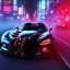 Placeholder: realistic black dodge viper; in an alternate universe in tokyo; cyberpunk; rain; neon signs