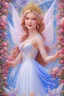 Placeholder: Magnifique woman, lady fairy, facing happy, voluptuous white, pink enchanted flowers, wings magic, long big dress, pink outerspace stars planets, Beautyful smiling, young woman, long hair amazing blue eyes, flowers, happy cosmic, bright colors, blue, pink, gold, jewels, realistic, photo real, clear sunny background, highly detailed, high contrast, 8k high definition, unreal engine 5, extremely sharp detail, light effect, sunny light background