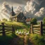 Placeholder: Prompt: create a realistic image: "A picturesque, rural village with an old church and a traditional half-timbered house on a gentle hill. The scene features a rustic wooden fence in the foreground framing a green meadow with white geese. The sky is dramatic with large, white clouds, and rays of sunlight break through to bathe the landscape in a warm glow. The path leading to the church and house is interspersed with grass and earth, giving the scene an idyllic and nostalgic atmosphere. Style in