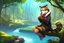 Placeholder: Girl, green hair, raccoon tail, raccoon paws in hand, raccoon paws in foot, forest, river, sit on tree, coat on neck, with tongue out, big tail, furry