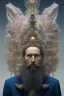 Placeholder: poetical, surreal minimalistic artwork, a 40 years old man with a huge beard filled with coloured musical notes, side light, side view, photorealistic, in the style of Max Ernst, Renè Magritte,