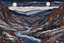 Placeholder: a dramatic painting of a lush Pacific Northwest river canyon landscape under a pale winter moon, in the Art Brut style of Jean Dubuffet, rich natural colors, museum quality masterpiece