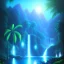 Placeholder: turquoise neon waterfall with palm trees sparkling at night in a cave detailed realistic glowing