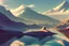 Placeholder: Sunny day, distant modern city, lake, lake reflections, people, mountains, sci-fi