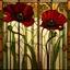 Placeholder: A stained glass textile-style artwork of a vivid red poppy in full bloom, its petals wide and slightly ruffled, glowing with deep crimson and scarlet tones. The flower is centered in the composition with gently curved green stems and slender buds, arranged in flowing Art Nouveau lines. Black seed pods and delicate leaf shapes add natural contrast. The background is filled with soft amber and sienna glass panels, bordered by golden swirling motifs. Bold black outlines, rich warm color, and elegan