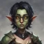 Placeholder: dnd, portrait of cute young orc-elf hybrid femboy, black hair, short hair, curled hair, hair covering one eye, emo hair, round glasses, tusks, sharp teeth, yellow eyes, flat chest, mage, magic, nose ring, pierced ears