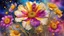 Placeholder: ideal image optimization, the best lush big Cosmos flower result, Create stunning summer flowers art combining Gustav Klimt's intricate style with Pierre-Auguste Renoir's vibrant brushstrokes. Use alcohol ink splatter for dynamic elements. Aim for hyper-detailed super realism in 8K, with bright neon colors and gold accents, capturing a radiant summer day. Add an Art Nouveau aesthetic to enhance elegance and sophistication of this award-winning Masterpiece seamless pattern