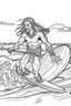 Placeholder: Outline art for coloring page OF A BUFF NATIVE SURFER WITH HIS FACE COVERED BY HIS LONG HAIR WEARING SHORTS RIDING A SURFBOARD ON A WAVE, coloring page, white background, Sketch style, only use outline, clean line art, white background, no shadows, no shading, no color, clear