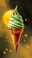 Placeholder: art create a 4k image of fof ice cream cone in it an illustration in the style of Luis Royo, large droplets of viscous syrupy fluid, burnished jade, planet earth in crystal shape with the golden sun and crystal background with golden yellow, ink black