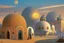 Placeholder: A surreal town with arches and domes, clouds and with long shadows by artist "Berndnaut" and "Leonora Carrington" and "de Chirico" at sunset